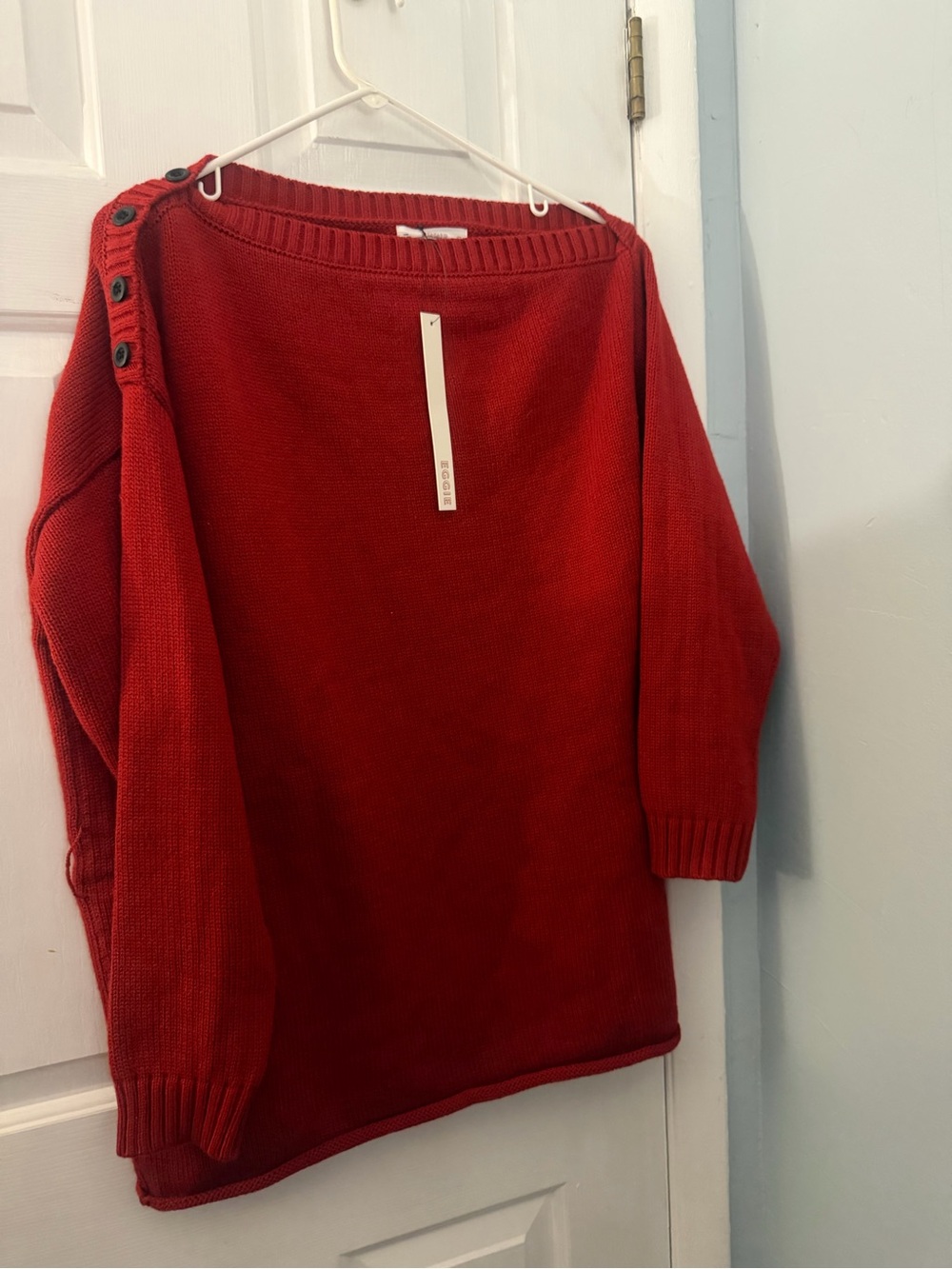 NWT EGGIE Red Boat Neck Button Shoulder Knit Sweater M